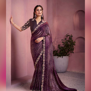 Chic Wine Two-Tone Satin Silk Saree with Bandhani Gajji Print Hand Embroidered & Embellished - Buy