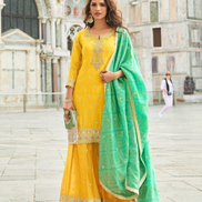 Chic Yellow Silk Embroidered Sharara Set Perfect for Haldi, Mehendi & Festive Looks - Buy_1