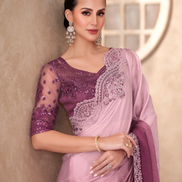 Chic in Blush Lightweight Chiffon Saree with Designer Linen Work Blouse - Buy_1