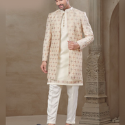Classic Beige Floral Kurta Set for Men Jacquard Silk with Ethnic Jacket