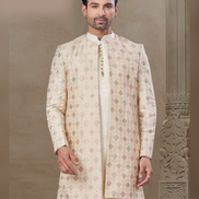 Classic Beige Floral Kurta Set for Men Jacquard Silk with Ethnic Jacket_1