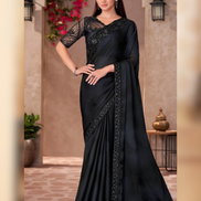 Classic Black Sparkle Saree in Chiffon with Handcrafted Linen Blouse - Buy