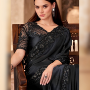 Classic Black Sparkle Saree in Chiffon with Handcrafted Linen Blouse - Buy_1