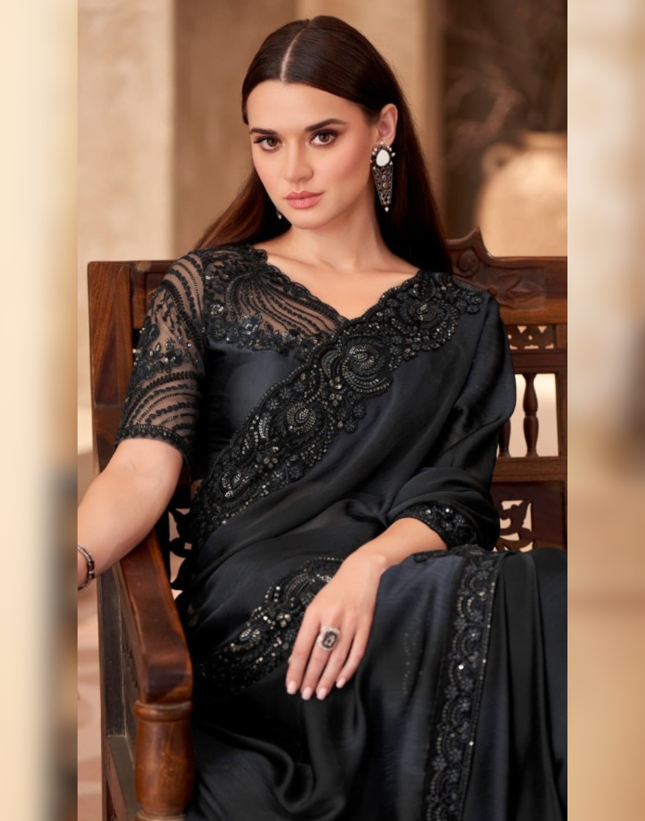 Classic Black Sparkle Saree in Chiffon with Handcrafted Linen Blouse - Buy_1