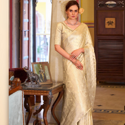 Classic Cream Satin Banarasi Silk Saree with Regal Appeal - Buy