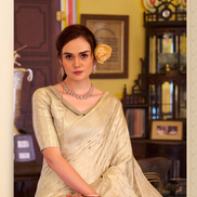 Classic Cream Satin Banarasi Silk Saree with Regal Appeal - Buy_1