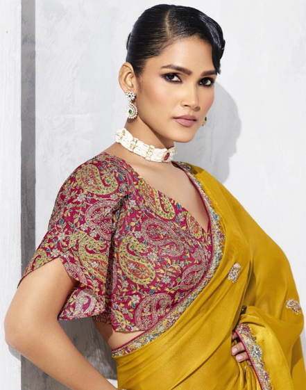 Classic Trendy Yellow Embroidered Saree with Contemporary Printed Blouse - Buy_1