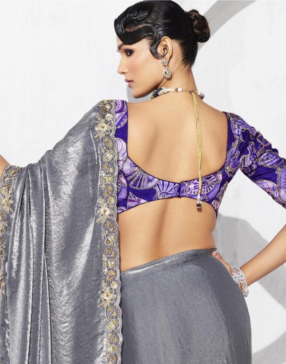 Classy Grey Embroidered Saree with Unique Printed Blouse Ideal for Modern Occasions - Buy_1