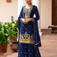 Dark Blue Chinon Sharara Suit for Women Traditional Hand Embroidery Wedding & Party Wear Dress - Buy