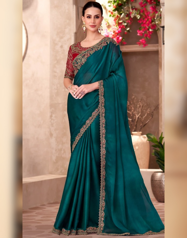 Dazzling Green Sparkle Shaded Saree Paired with Georgette Work Blouse - Buy