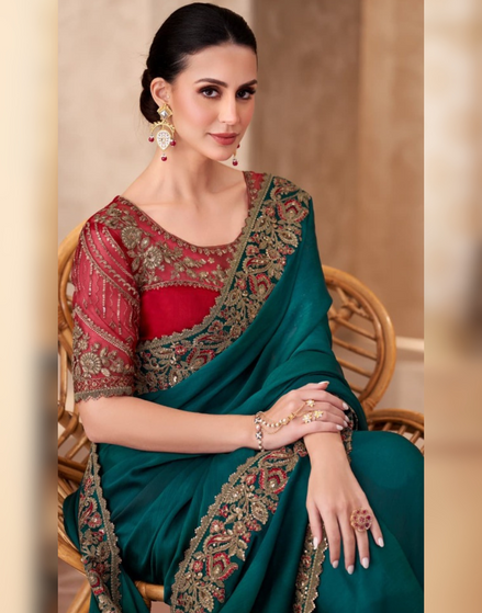 Dazzling Green Sparkle Shaded Saree Paired with Georgette Work Blouse - Buy_1
