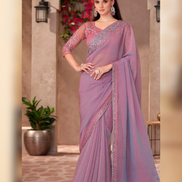 Dazzling Mauve Pink Shining Georgette Saree Paired with Handcrafted Linen Work Blouse - Buy