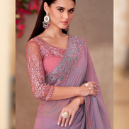 Dazzling Mauve Pink Shining Georgette Saree Paired with Handcrafted Linen Work Blouse - Buy_1