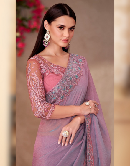 Dazzling Mauve Pink Shining Georgette Saree Paired with Handcrafted Linen Work Blouse - Buy_1