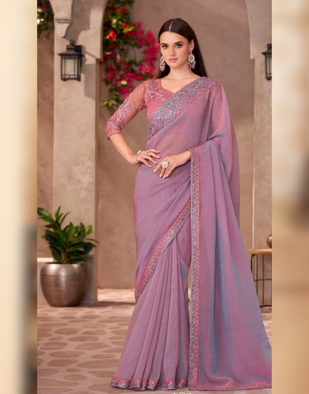 Dazzling Mauve Pink Shining Georgette Saree Paired with Handcrafted Linen Work Blouse - Buy