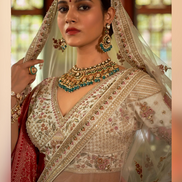 Designer Cream Bridal Silk Lehenga with Pearl, Zari & Sequin Embroidery Blouse with Double Dupatta Set - Buy_1