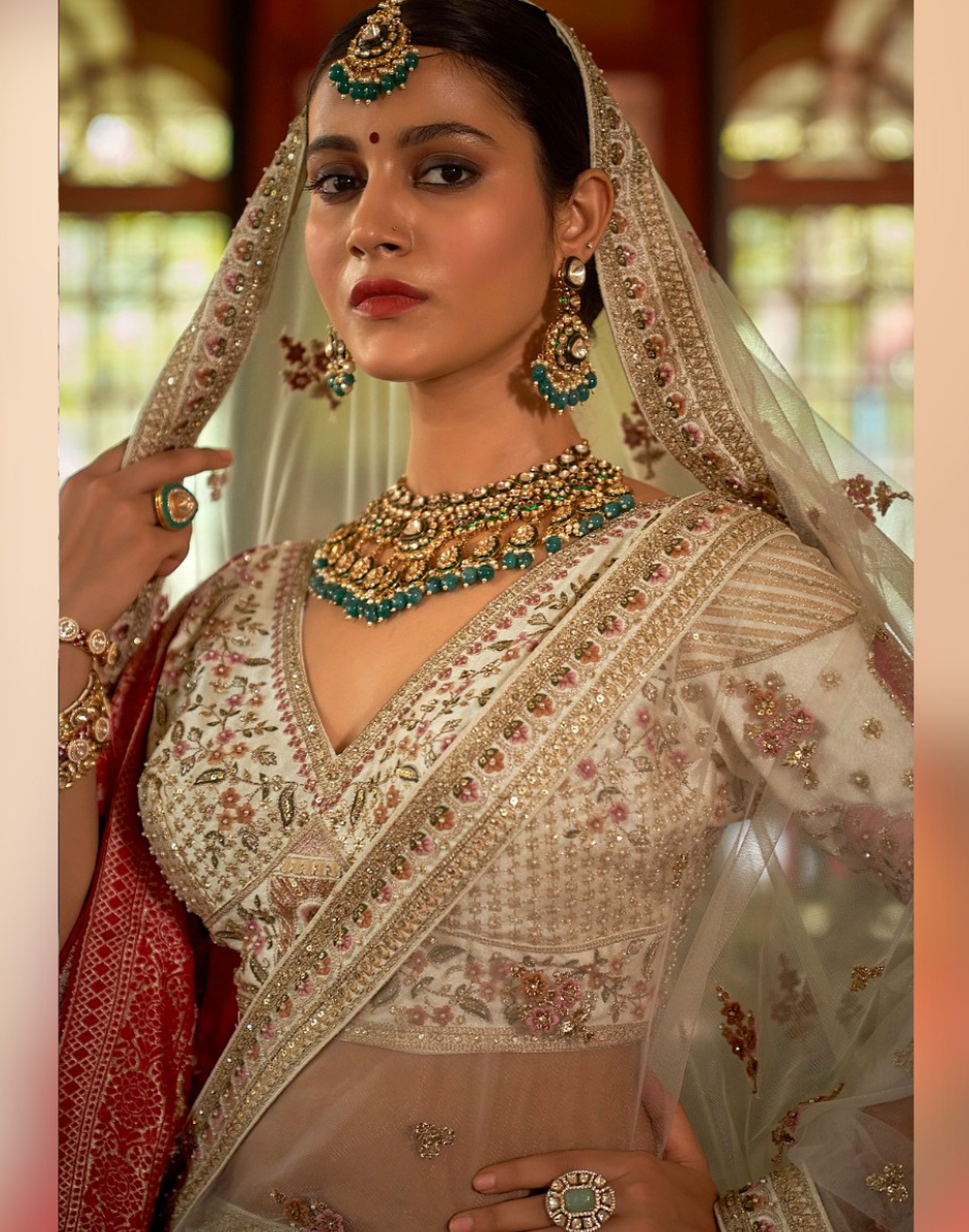 Designer Cream Bridal Silk Lehenga with Pearl, Zari & Sequin Embroidery Blouse with Double Dupatta Set - Buy_1