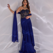 Designer Dori Saree Set in Chiffon with Handcrafted Net Corset Pre-Draped in Dark Blue - Buy