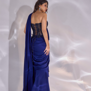 Designer Dori Saree Set in Chiffon with Handcrafted Net Corset Pre-Draped in Dark Blue - Buy_1