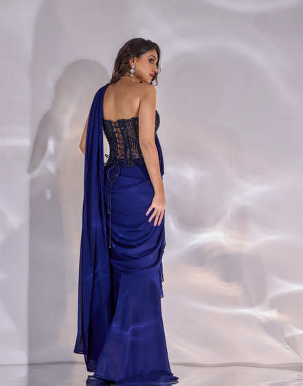 Designer Dori Saree Set in Chiffon with Handcrafted Net Corset Pre-Draped in Dark Blue - Buy_1
