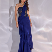 Designer Dori Saree Set in Chiffon with Handcrafted Net Corset Pre-Draped in Dark Blue - Buy_2