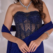 Designer Dori Saree Set in Chiffon with Handcrafted Net Corset Pre-Draped in Dark Blue - Buy_3