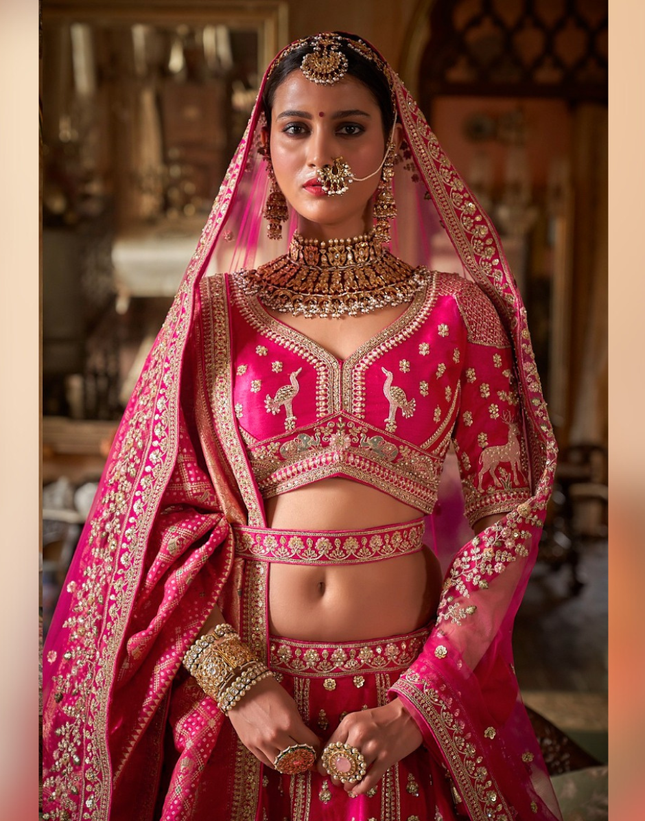 Designer Pink Silk Bridal Lehenga with Heavy Embroidery, Zari & Pearl Detailing Dual Dupatta & Blouse Set - Buy_1