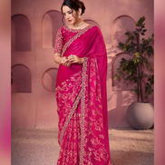 Designer Pink Two-Tone Satin Silk Saree with Traditional Print & Intricate Embellished Embroidery - Buy