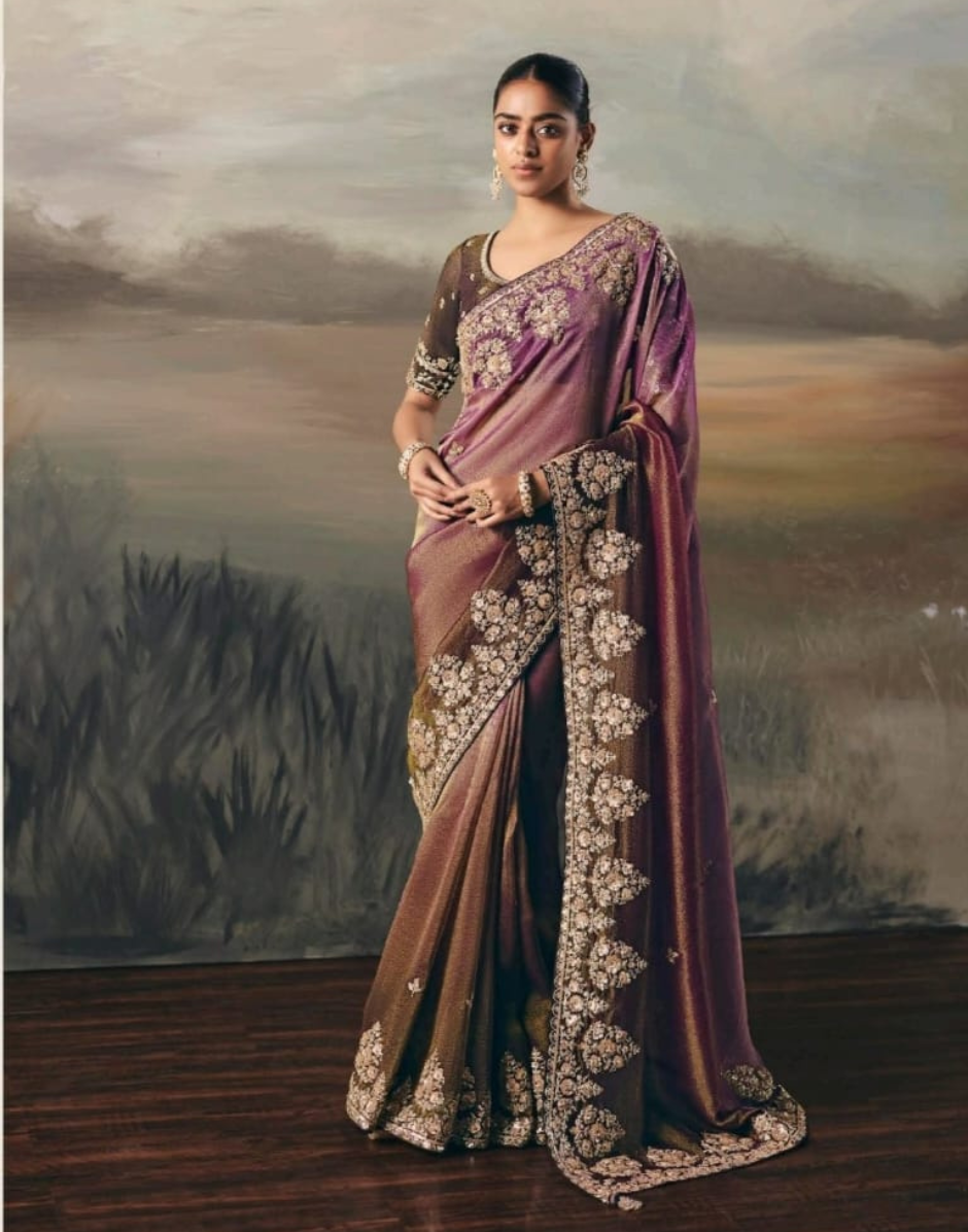 Designer Purple Brown Dual Shade Tissue Saree with Hand Embroidery Blouse