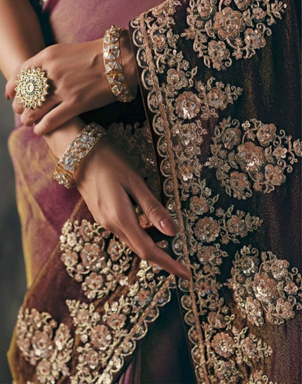 Designer Purple Brown Dual Shade Tissue Saree with Hand Embroidery Blouse_3
