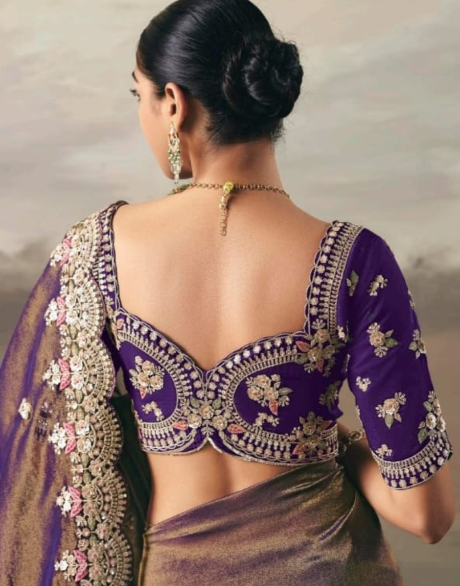 Designer Purple Brown Dual Shade Tissue Saree with Hand Embroidery Blouse_4