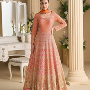 Designer Wedding Gown in Georgette with Seroski Zarkan Work & Embroidered Dupatta - Buy