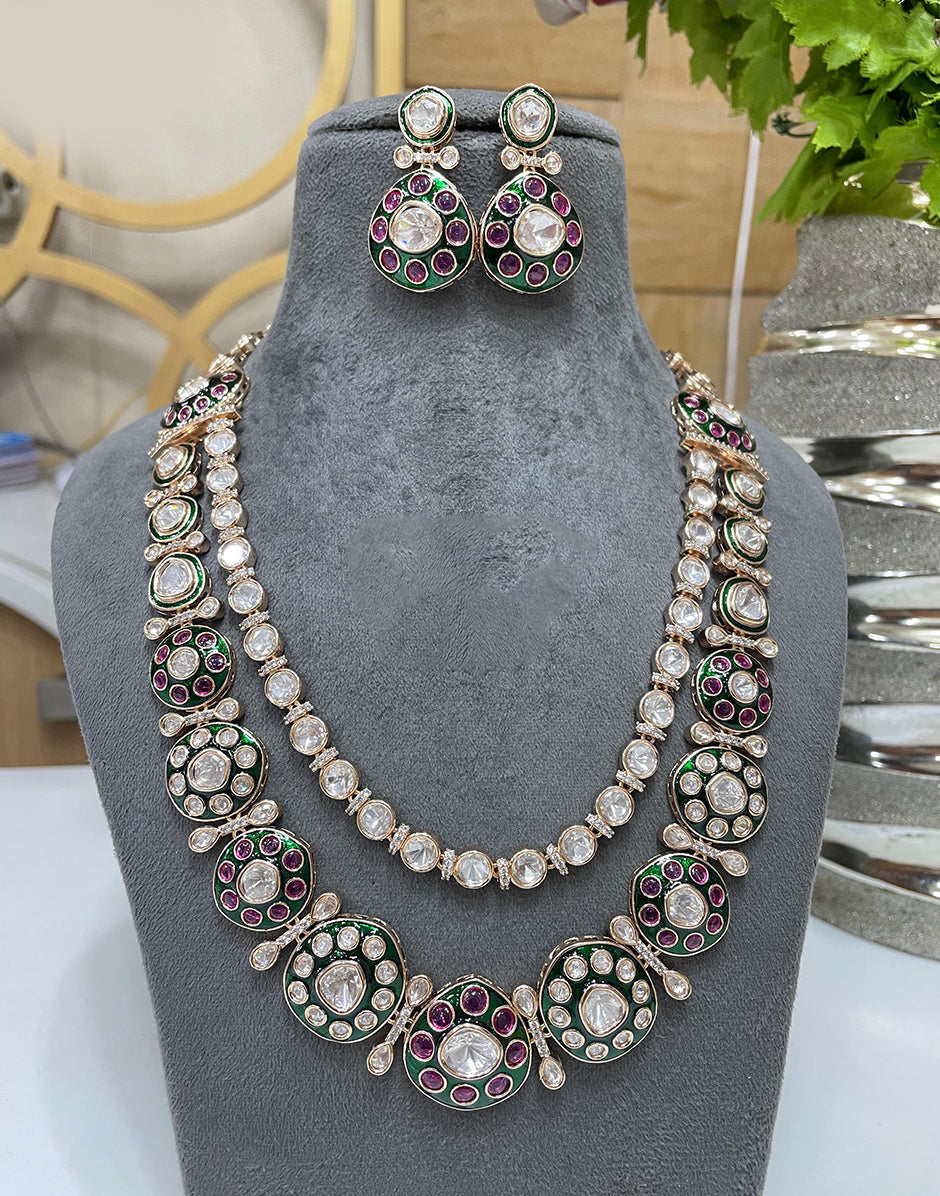 Double Layered Multicolour Kundan Necklace Set Traditional Indian Jewelry with Earrings