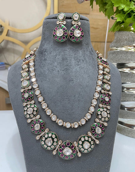 Double Layered Multicolour Kundan Necklace Set Traditional Indian Jewelry with Earrings