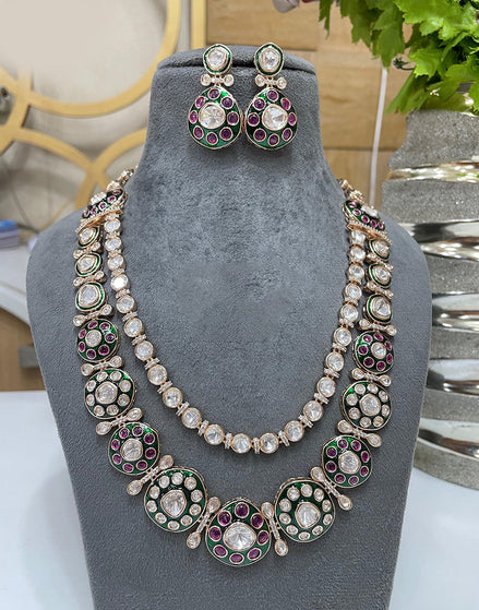 Double Layered Multicolour Kundan Necklace Set Traditional Indian Jewelry with Earrings