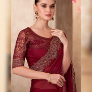 Drape the Glamour Maroon Sparkle Chiffon Saree & Contrast Linen Work Blouse_1