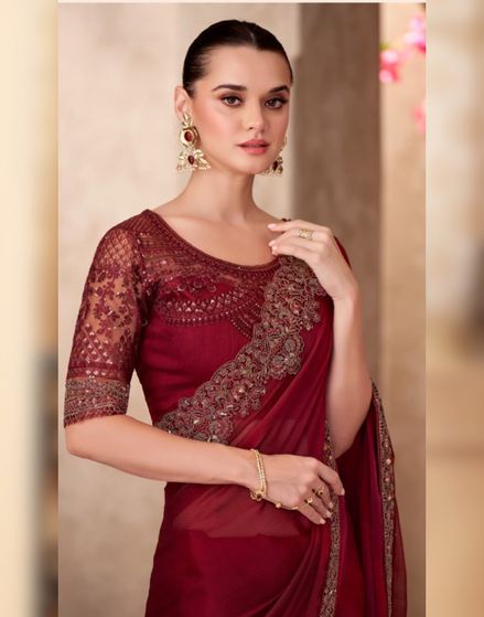 Drape the Glamour Maroon Sparkle Chiffon Saree & Contrast Linen Work Blouse_1