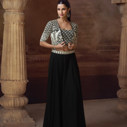Elegant Black Embroidered Jacket Set Chinon Silk Georgette with Mirror Work, Palazzo & Blouse