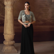 Elegant Black Embroidered Jacket Set Chinon Silk Georgette with Mirror Work, Palazzo & Blouse_1