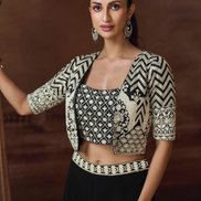 Elegant Black Embroidered Jacket Set Chinon Silk Georgette with Mirror Work, Palazzo & Blouse_2