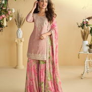 Elegant Blush Pink Chinon Silk Ensemble Embroidered Top, Palazzo & Dupatta