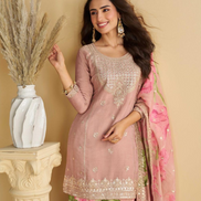Elegant Blush Pink Chinon Silk Ensemble Embroidered Top, Palazzo & Dupatta_1