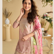Elegant Blush Pink Chinon Silk Ensemble Embroidered Top, Palazzo & Dupatta_2