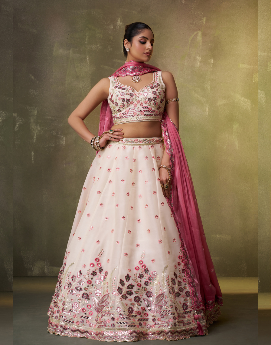 Elegant Organza Lehenga Choli Featuring Sequins Thread Embroidery with Dupatta - Buy