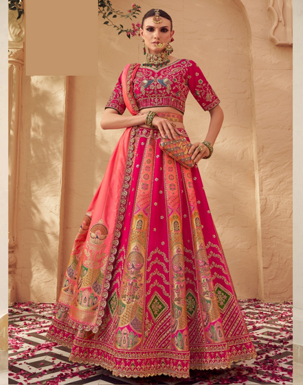 Elegant Pink Banarasi Silk Lehenga Set with Embroidery & Dupatta Traditional Bridal Ensemble - Buy