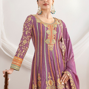 Elegant Premium Silk Anarkali Set Dabka Dori, Resham & Mirror Work with Beautiful Neckline, Jhumka Lace Dupatta & Pants - Buy_1