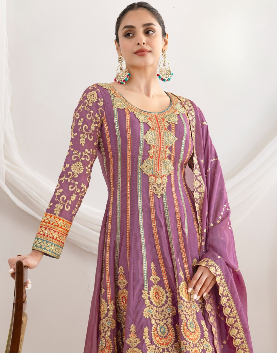 Elegant Premium Silk Anarkali Set Dabka Dori, Resham & Mirror Work with Beautiful Neckline, Jhumka Lace Dupatta & Pants - Buy_1