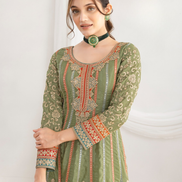 Elegant Premium Silk Anarkali Set Dabka Dori, Resham & Mirror Work with Beautiful Neckline, Jhumka Lace Dupatta & Pants - Buy_3
