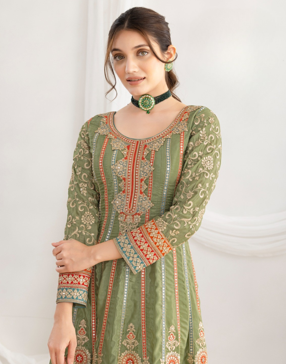 Elegant Premium Silk Anarkali Set Dabka Dori, Resham & Mirror Work with Beautiful Neckline, Jhumka Lace Dupatta & Pants - Buy_3