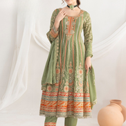 Elegant Premium Silk Anarkali Set Dabka Dori, Resham & Mirror Work with Beautiful Neckline, Jhumka Lace Dupatta & Pants - Buy_4